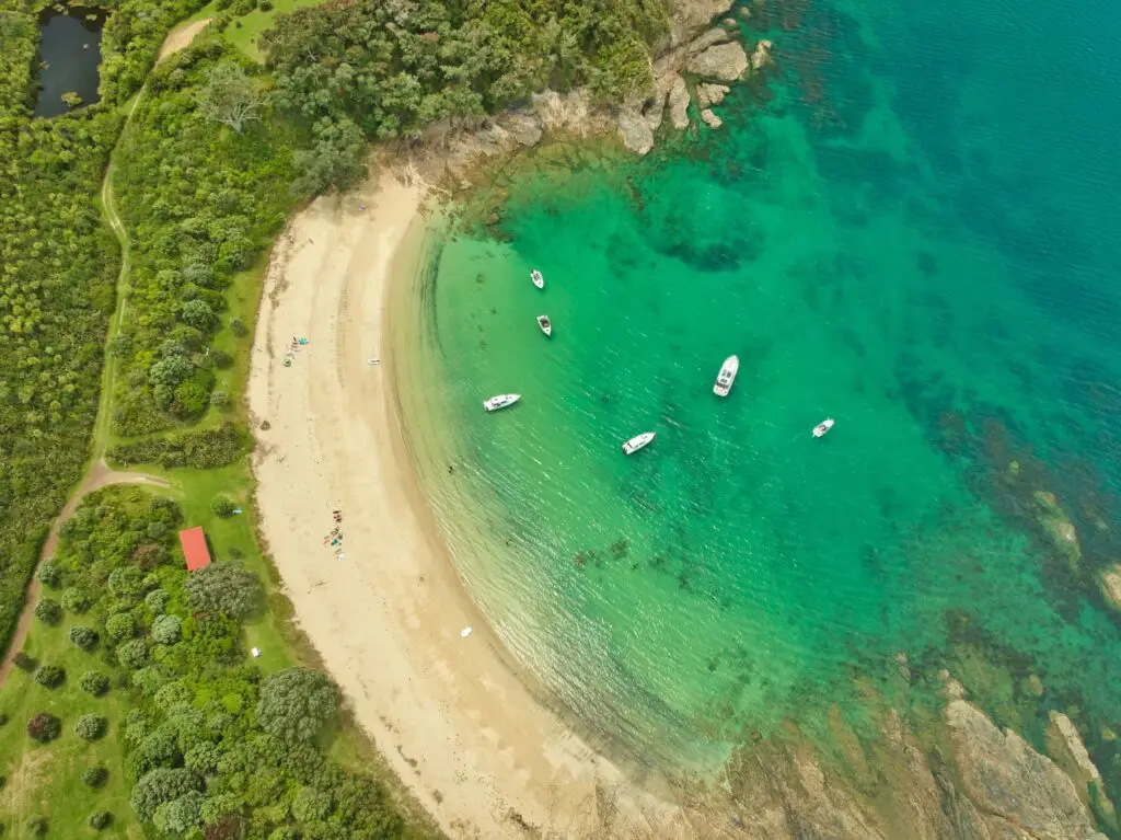 Aerial view of a Waiheke Island beach and bay