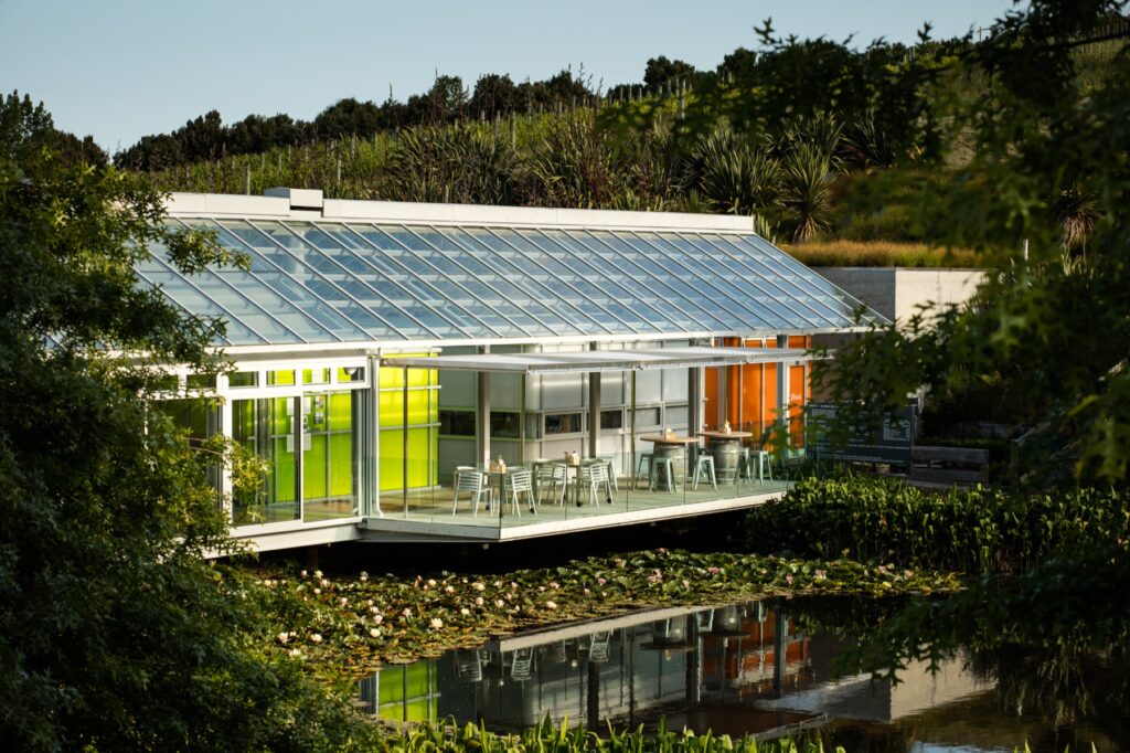 The Glass House restaurant at Brick Bay among native trees
