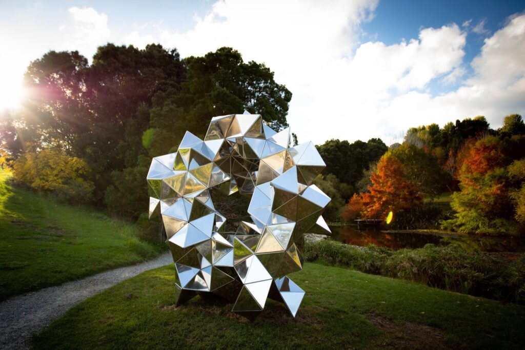 A mirrored sculpture on the Brick Bay Sculpture Trail