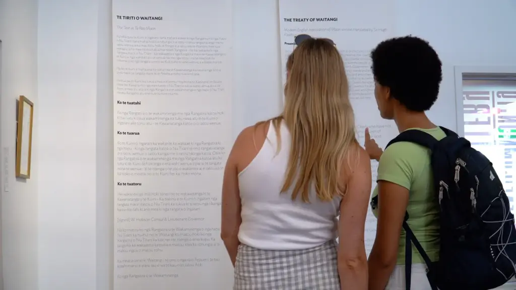 Guests reading about the Treaty of Waitangi with their guide