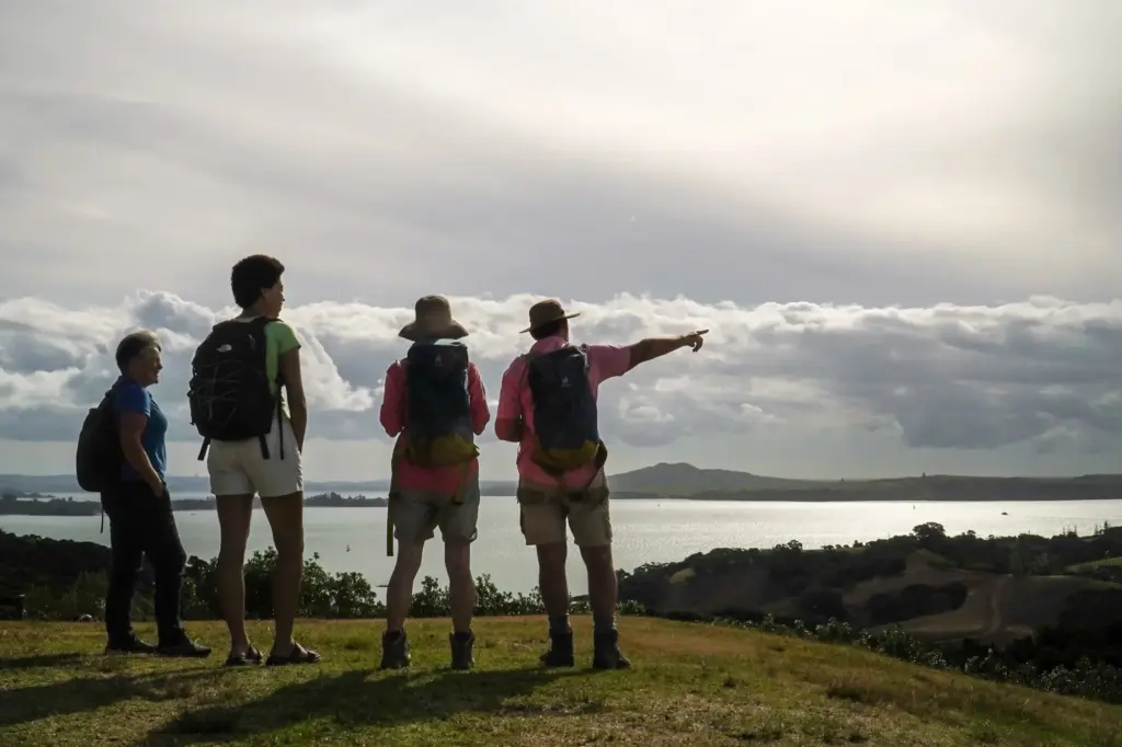 Guide pointing out Rangitoto Island to a private walking group