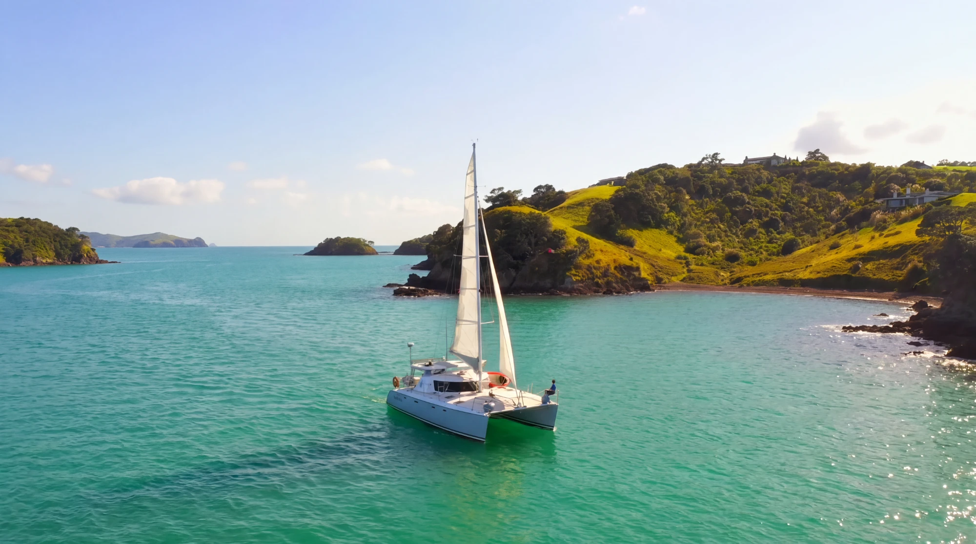 Terra & Tide catamaran Pacific Star sailing in a sheltered turquoise bay in the Hauraki Gulf