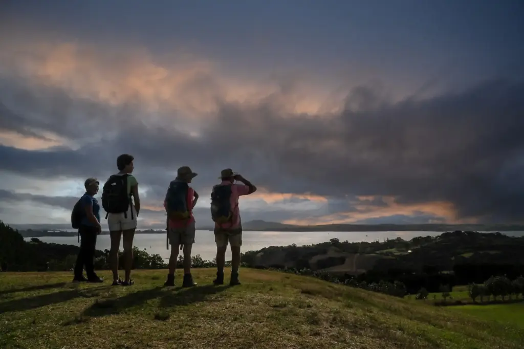 Walkers watching the sky over Rangitoto from Waiheke Island