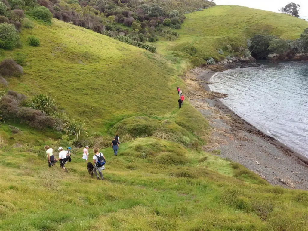 Walkers on a coastal track on the Te Ara Hura walk, Waiheke Island