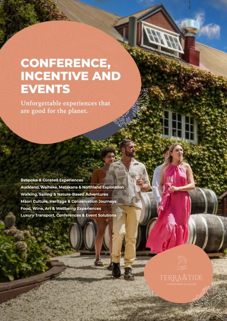 Cover of the Terra & Tide Conference, Incentive and Events brochure: guests with wine glasses walking past an ivy-covered winery
