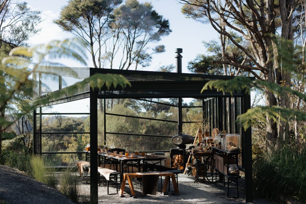 The Velskov glass pavilion among native bush and tree ferns