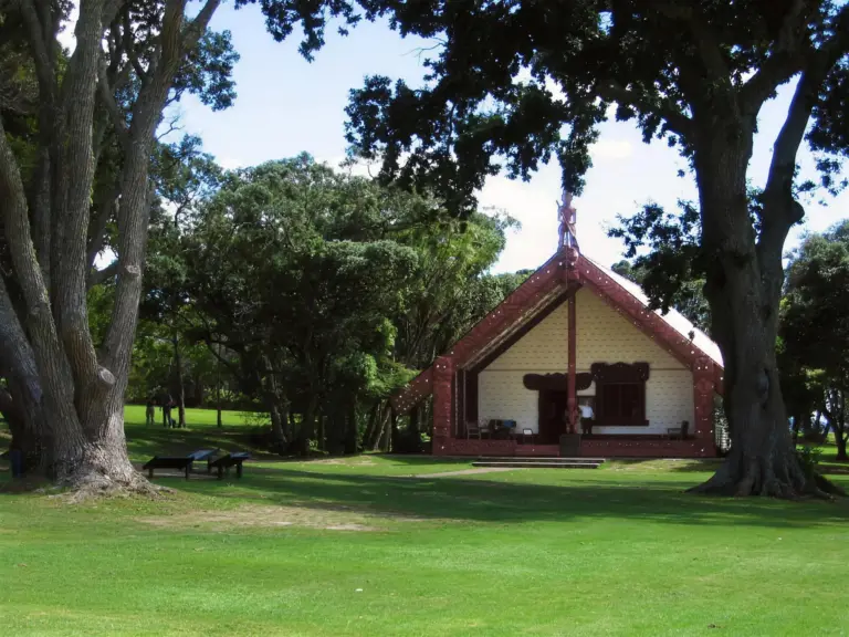 The carved meeting house at the Waitangi Treaty Grounds, visited on the Bay of Islands Explorer