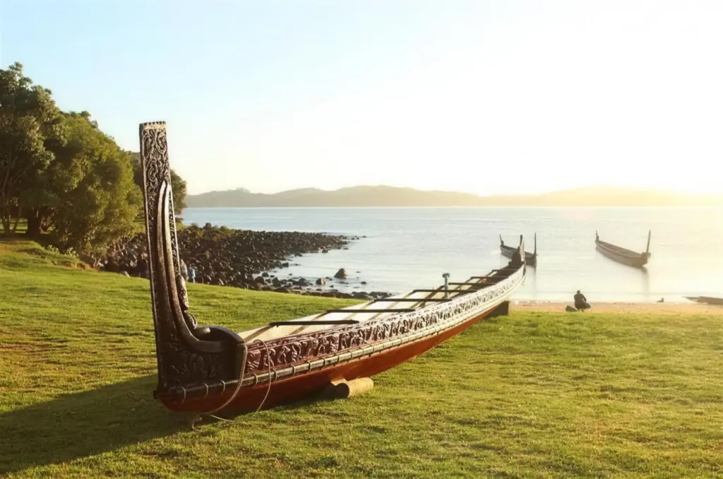 Ceremonial waka on the shore at Waitangi, Bay of Islands
