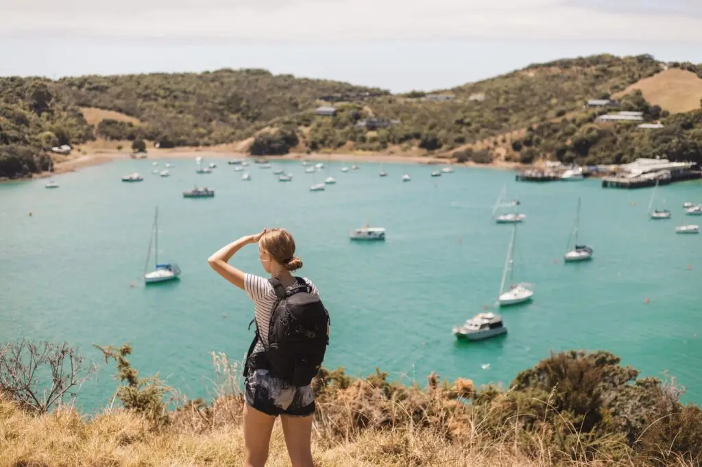 Walker looking over Matiatia, Terra & Tide Private Double Headland Walk